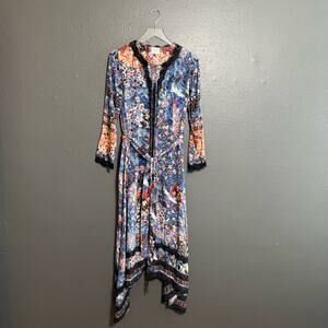 Hemant & Nandita 100% Silk Blue Floral Lace Trim Long Sleeve Maxi Dress Size M